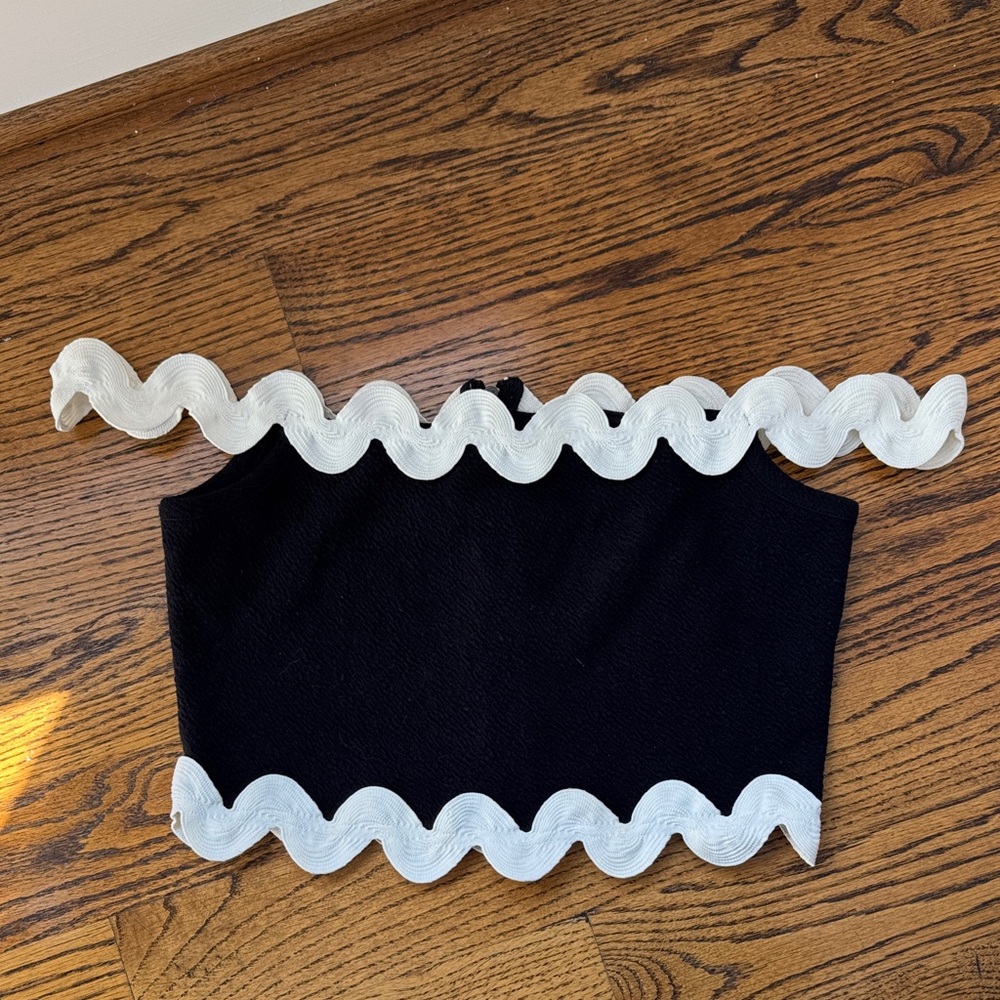 Anthropologie Maeve Black Ribbed Top with White Scallop Trim
